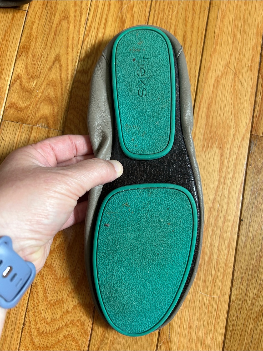 Tieks Light Brown/Khaki Leather Ballet Flats with Teal Trim - Picture 4 of 11